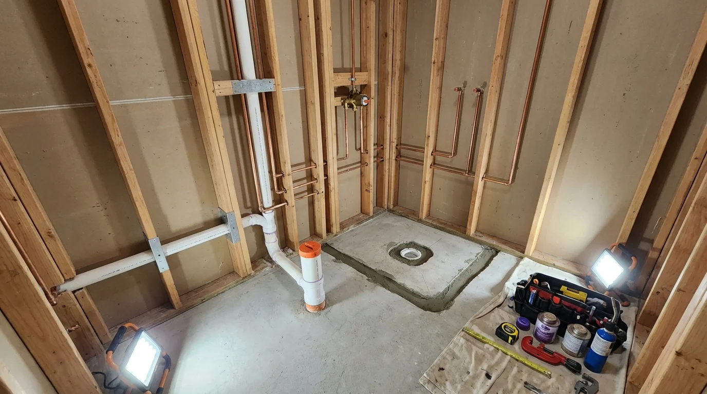 Bathroom rough-in plumbing during remodel by Johns Plumbing LLC in Rheems