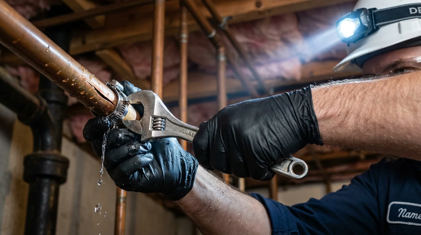 Emergency pipe clamp repair being performed by a Johns Plumbing LLC plumber in Rheems