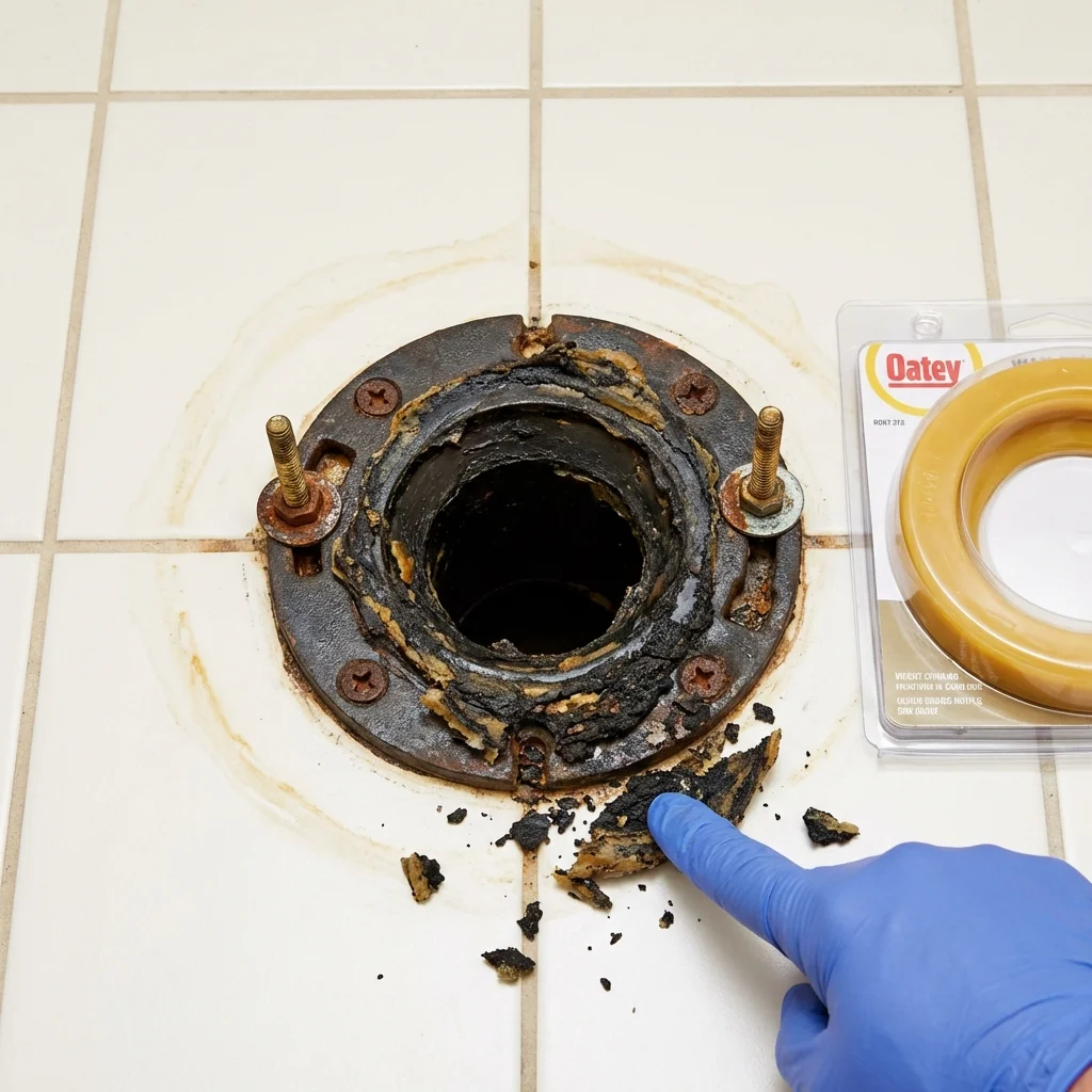 Failed wax ring showing water seepage at the base of a toilet in a Rheems, PA home
