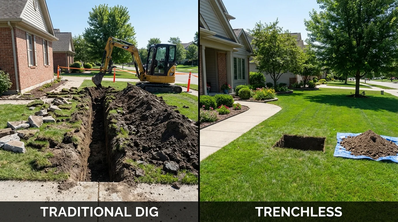 Trenchless sewer repair with minimal yard damage versus traditional excavation in Rheems, PA