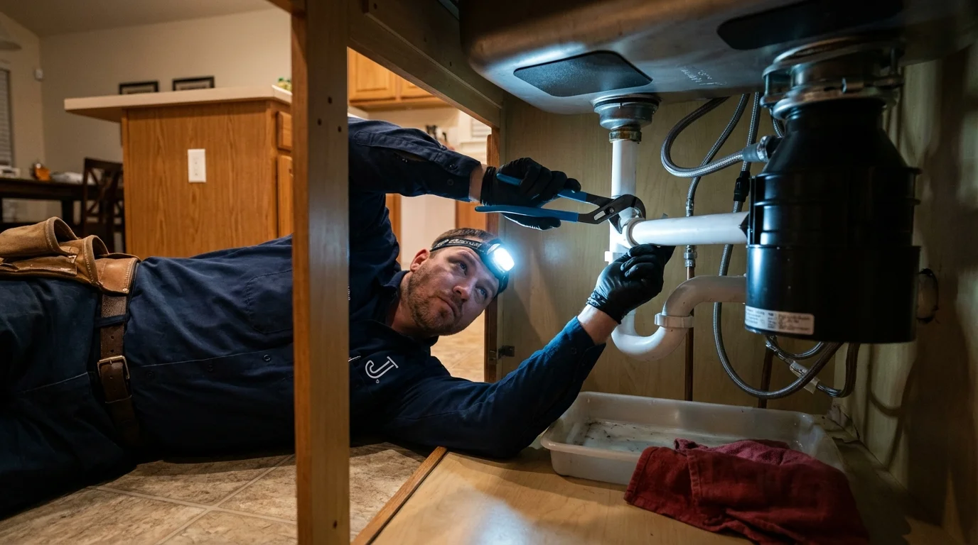 P-trap and supply line connections under a kitchen sink showing a common leak point in Rheems, PA